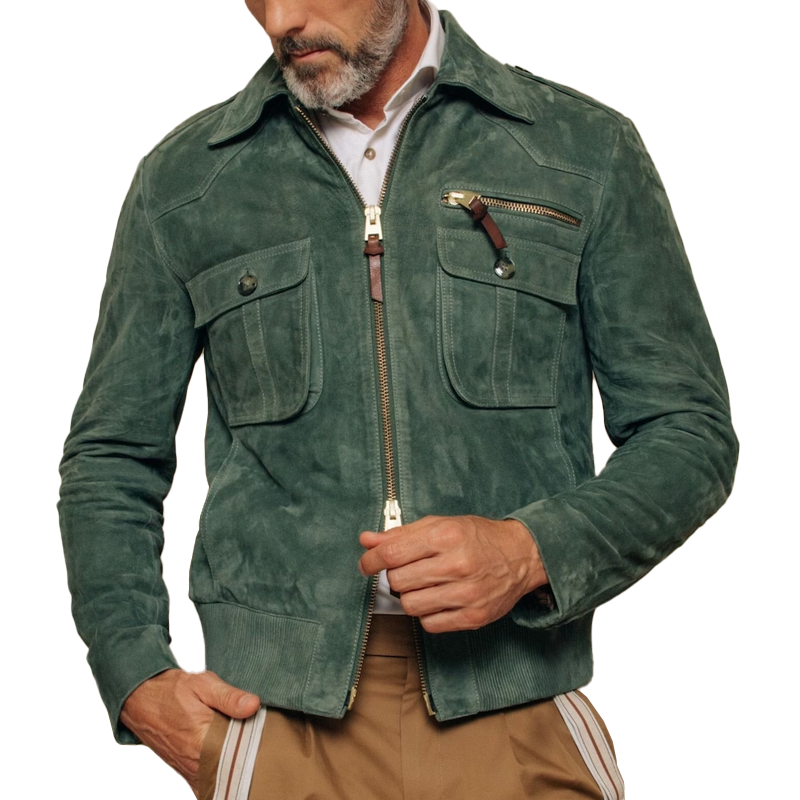 Men's Retro Lapel Zipper Breast Pocket Suede Jacket | ZENDA