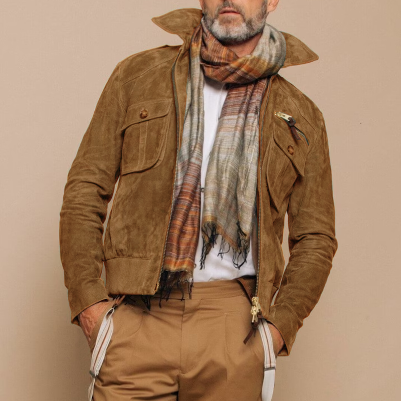 Men's Retro Lapel Zipper Breast Pocket Suede Jacket | ZENDA