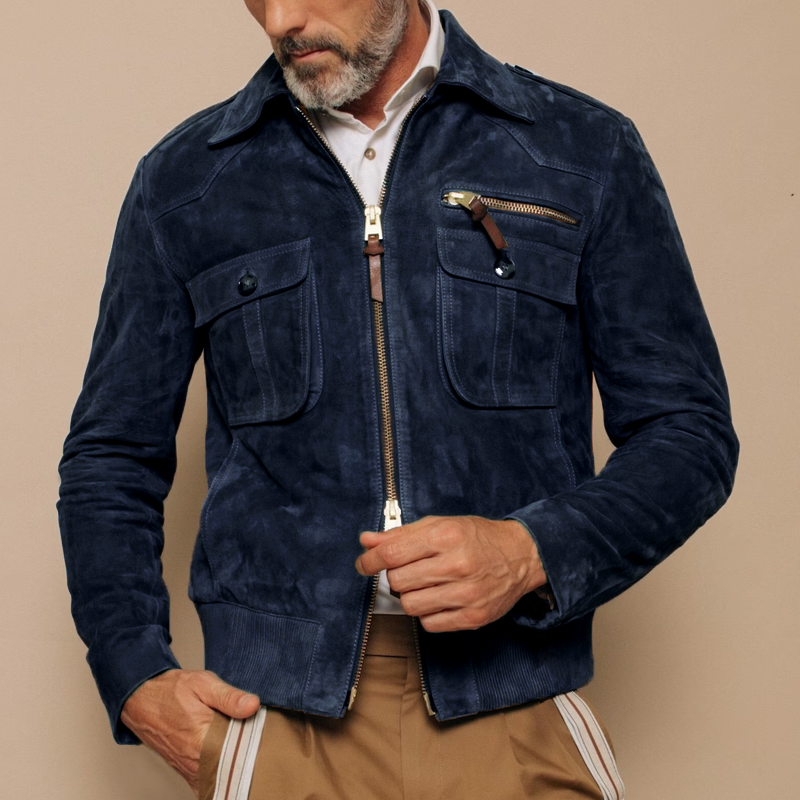Men's Retro Lapel Zipper Breast Pocket Suede Jacket | ZENDA