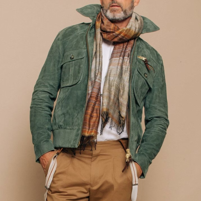 Men's Retro Lapel Zipper Breast Pocket Suede Jacket | ZENDA