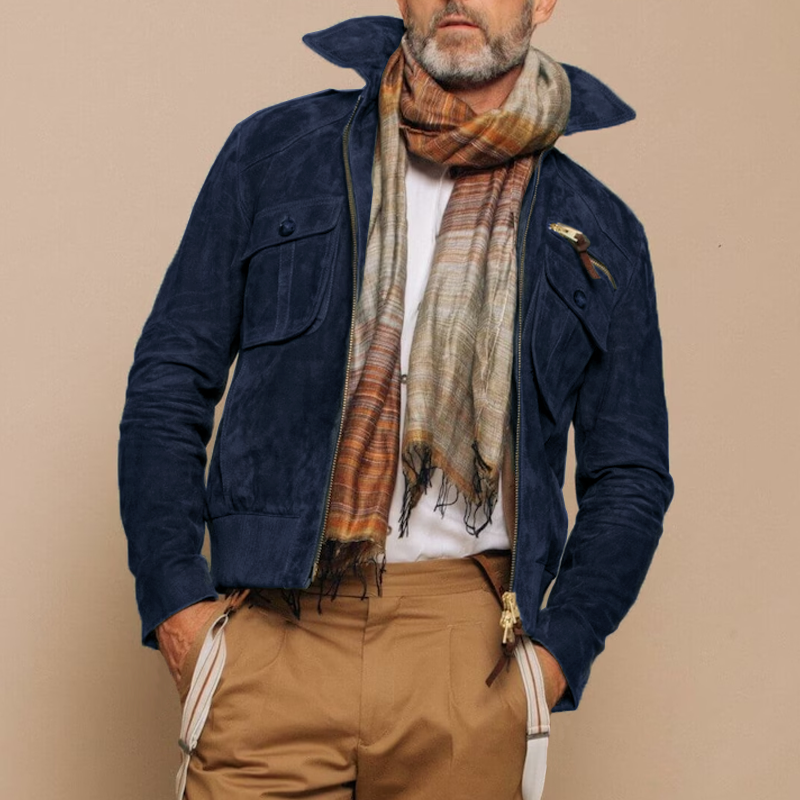 Men's Retro Lapel Zipper Breast Pocket Suede Jacket | ZENDA