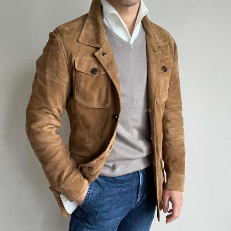 Men's Vintage Solid Suede Lapel Multi-Pocket Jacket | ZENDA