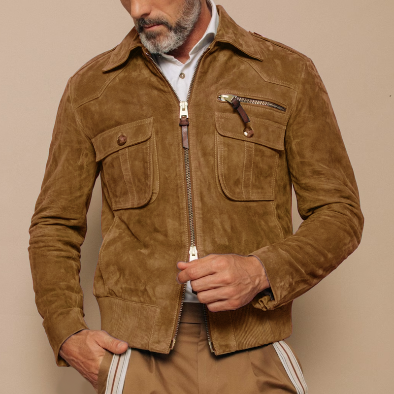 Men's Retro Lapel Zipper Breast Pocket Suede Jacket | ZENDA