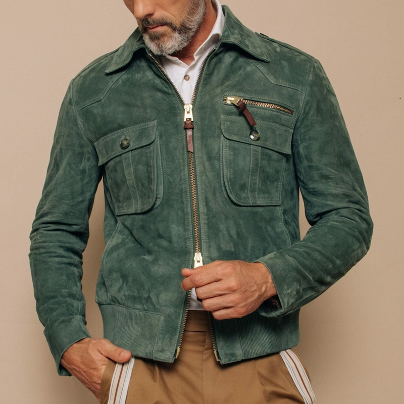 Men's Retro Lapel Zipper Breast Pocket Suede Jacket | ZENDA